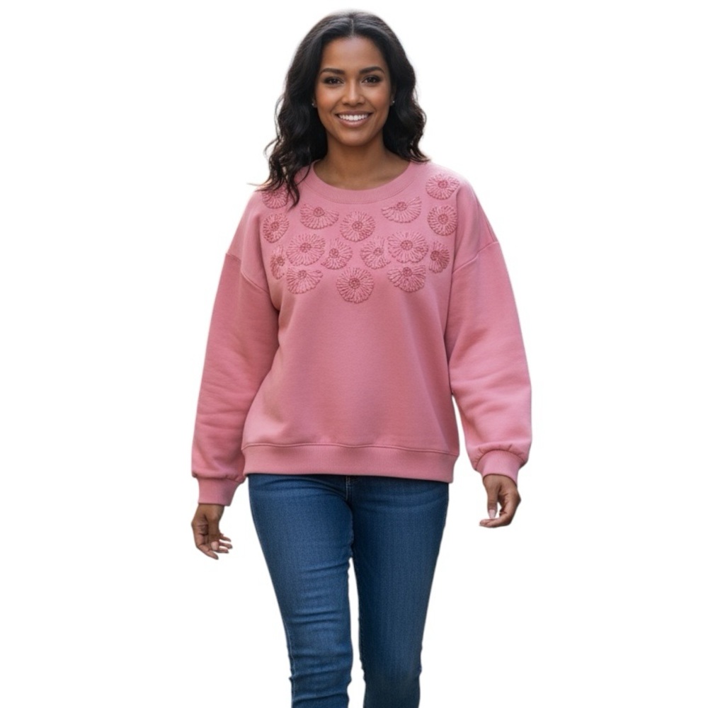 NEW Indigo Thread Co Floral Aplique Beaded Sweatshirt Relaxed Fit Sizes S & M